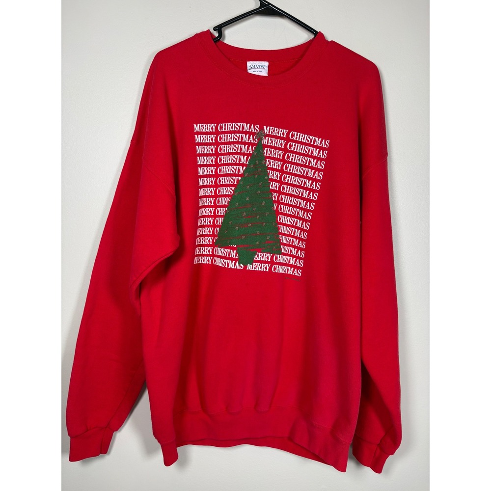Vintage 80s Santee Merry Christmas Tree Sweatshirt Red XL Made in USA Pullover